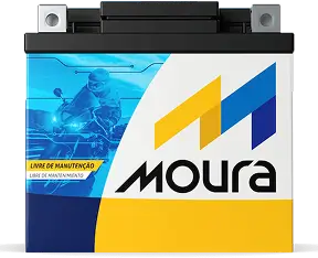 Bateria Moura com detalhes nas cores preto, azul e amarelo. Com o símbolo de Moura e o nome embaixo.